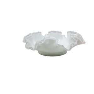 Vintage Fenton Silver Crest White Milk Glass Ruffled Edge Bowl Decorative Center